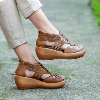 VALLU 2020 Originalus rankų darbo odinės moteriškos basutės Romos batai storio apačioje pleišto retro atsitiktinis karvės odos skylę batai