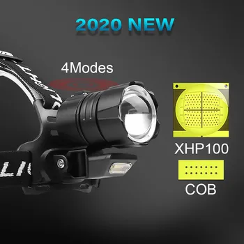 2021 COB ir XHP100 Įkraunamas led žibintų galingas usb zoom žibintų šviesos nešiojamų 18650 žibintas galvos žibintuvėlį, fakelą