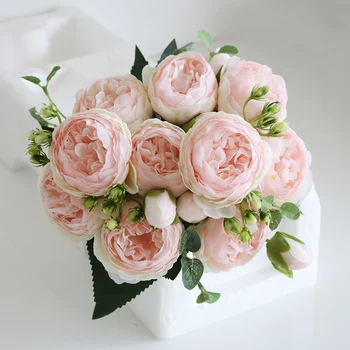 30cm Rose Pink Silk Puokštę Bijūnų Dirbtinės Gėlės 5 Didelių Galvų 4 Mažų Pumpurų Nuotaka Vestuvių Namų Dekoravimo, Modeliavimo Gėlės