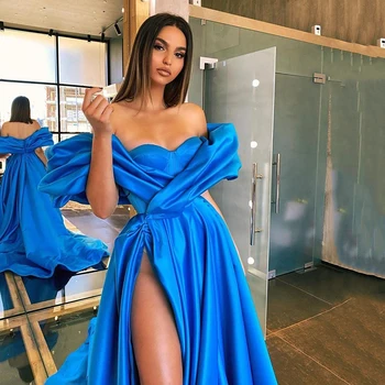 Eightree Arabų Prom Šalis Suknelės Aukštos Padalinta Chalatas De Soiree Royal Blue Vakare Chalatai Ilgai 2021 Off Peties Sławna Dress