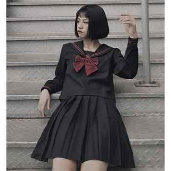 Merginos Japonijos mokyklinę Uniformą Pagrindinio Klostuotas Sijonas JK Vienodas Juoda Jūrininkas Kostiumai Harajuku Marškinėliai Išsiuvinėti Viršuje Atsitiktinis Streetwear
