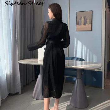 2020 Naujas atvykti Moters Suknelė vieną krūtinėmis juoda kieta medžiaga, siuvinėjimo stovėti apykaklės suknelė moteriška varčias žibintų rankovės