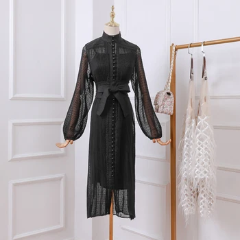 2020 Naujas atvykti Moters Suknelė vieną krūtinėmis juoda kieta medžiaga, siuvinėjimo stovėti apykaklės suknelė moteriška varčias žibintų rankovės