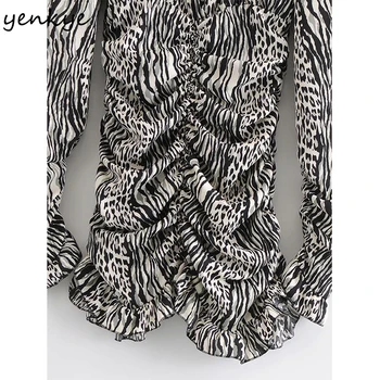 YENKYE Romantiška Moterų Zebras Dryžuotas Bodycon Mini Puoštas Moteriška Suknelė ilgomis Rankovėmis V-Kaklo Šifono Seksuali Suknelė Naują Pavasario Vestido