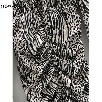 YENKYE Romantiška Moterų Zebras Dryžuotas Bodycon Mini Puoštas Moteriška Suknelė ilgomis Rankovėmis V-Kaklo Šifono Seksuali Suknelė Naują Pavasario Vestido