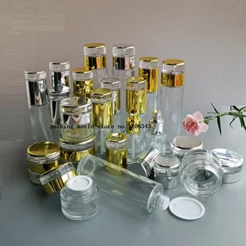 100 ml skaidraus stiklo buteliukas su aukso/sidabro siurblys/dangtelis, skirtas losjonas/emulsija/serumo/fondas/balinimo odos priežiūros kosmetikos pakuotės