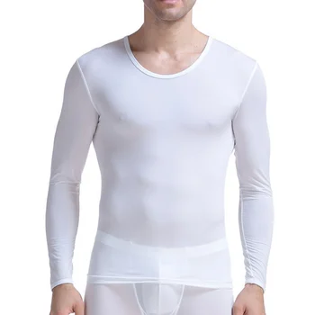 Ultra-plonas Undershirts Ledo Šilko Skaidrus ilgomis Rankovėmis Vyrams marškinėliai Onderhemd Heren Sexy Gay Apatiniai Viršūnes Tee Chemise Homme