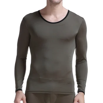 Ultra-plonas Undershirts Ledo Šilko Skaidrus ilgomis Rankovėmis Vyrams marškinėliai Onderhemd Heren Sexy Gay Apatiniai Viršūnes Tee Chemise Homme