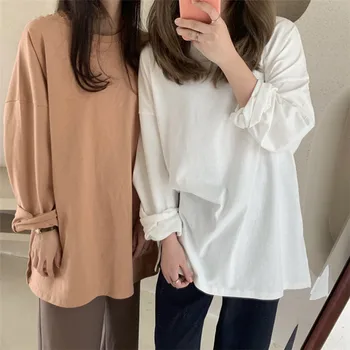 Naujas Moterų Pavasario Laisvi Marškinėliai Kieto Dugno Ilgomis Rankovėmis Atsitiktinis Korėjos Minimalistinio Stiliaus Triko Viršūnes Tees 2021