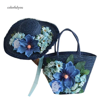 Mėlyna šiaudų krepšiai moterims Gėlių Audiniai, rankinės 2020 NAUJAS Vasaros mados Paplūdimio krepšys, Spalva, lankas, kaspinas, šiaudų skrybėlę su Tote Bag