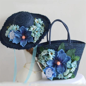 Mėlyna šiaudų krepšiai moterims Gėlių Audiniai, rankinės 2020 NAUJAS Vasaros mados Paplūdimio krepšys, Spalva, lankas, kaspinas, šiaudų skrybėlę su Tote Bag