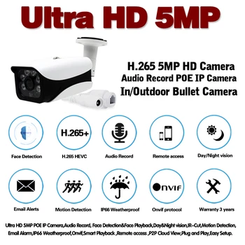 5MP SONY IMX335 Hi3516EV300 Veido Audio POE IP Kameros, Lauko VAIZDO Stebėjimo Kulka Kamera 6 matrica IR Led P2P ONVIF 48V POE