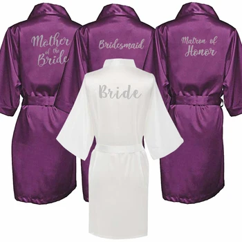 Naujas purpurine skraiste, sidabro rašyti motina jaunikis vestuvių chalatai Trumpas Nuotaka kimono bridesmaid, satino chalatas, lašas laivybos