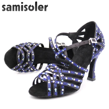 Samisoler suknelė bateliai moteris zapatos de baile Latina mujer juoda satino tamsiai mėlynos spalvos cirkonio ponios salsa šalies salė