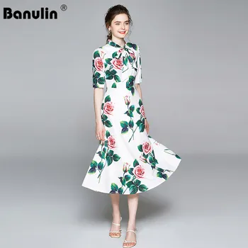 Banulin 2020 metų Vasaros Mados kilimo ir tūpimo Tako Boho Maxi Suknelės Moterų trumpomis Rankovėmis Rožių Žiedų Spausdinti Atostogų Elegantiškas Šalis Ilga Suknelė