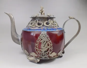 Kinijos senas raudonas jade rankų darbas apdaila tibeto sidabro dragon arbatinukas, Menai ir Amatai