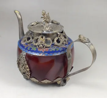 Kinijos senas raudonas jade rankų darbas apdaila tibeto sidabro dragon arbatinukas, Menai ir Amatai