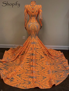 Ilgomis Rankovėmis Aukštu Kaklu Ilgai Prom Dresses 2021 Seksualus Mermaid Stiliaus Orange China Afrikos Blacl Merginos Prom Chalatai Gala