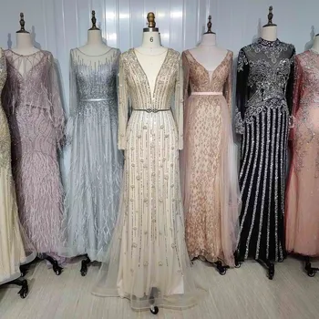 2021 Elegantiškas Nuogas Kristalų Puošnios Vakarinės Suknelės Ilgomis Rankovėmis Tiulio Blizgučiais Oficialų Musulmonų Moterys Šalis Suknelė Chalatas De Soiree