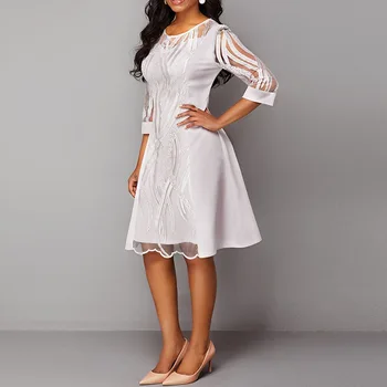 OTEN Moterų temperamentas lady 7 / 4 rankovės akių išsiuvinėti apvalios kaklo, juosmens-line balta suknelė sijonas