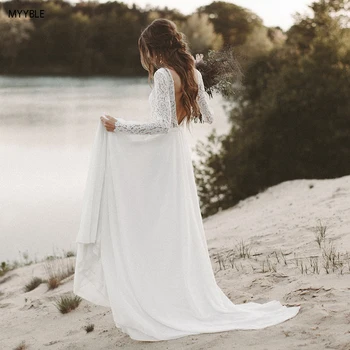 Bohemijos Nėriniais, Šifono Vestuvių Suknelės Backless ilgomis Rankovėmis Vasaros Paplūdimio Vestuvių Suknelės, Šaliai Individualų 2019 chalatas de mariee