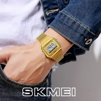 SKMEI Retro LED Skaitmeninio Laikrodžio Mados Elektroninis Laikrodis Kvadratinis Elektroniniai Laikrodžiai Plieno Tinklelio Juostos Sporto Laikrodžiai