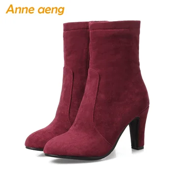 Rudenį, žiemą moterų batai aukštakulniai, suapvalinti tne zip ponios elegantiškas sniego batai vyno raudona žiemos moterų bateliai didelis dydis 33-46