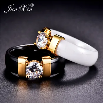 Vyriška Moteriška Juoda Balta Keramikos Žiedas Aukso Spalvos Titano Plieno Žiedas Crystal Cirkonis Vestuvių Žiedus Pora