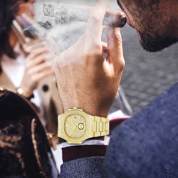 Vyrai Laikrodžiai Top Brand Prabanga MISSFOX NAUJOS Tendencijos 18K Aukso laikrodis Vyrams Chronografas atsparumas Vandeniui Didelis Hublo Plieno Pilna Deimantų Žiūrėti