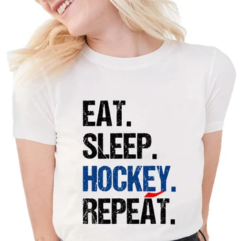 Valgyti, Miegoti Ledo Hockeyer Pakartoti T-Shirt Moterims, Juokingas Laiškas Atspausdinta marškinėliai Vasaros Minkštas trumpomis Rankovėmis Moterims Baltos Viršūnės S1604