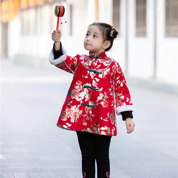Kinų Naujieji Metai Suknelė Tango Tiktų Vaikams Kūdikių Mergaičių Gėlių Siuvinėjimų Suknelės Žiemą Šiltas Cheongsam Tirštėti Šepečiu Princesė Paltai