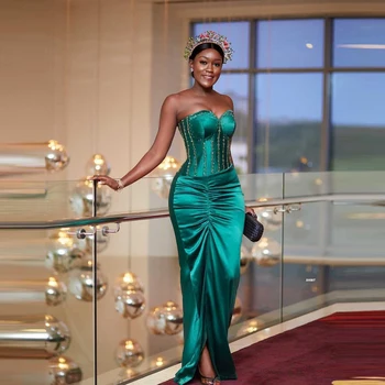 Elegantiškas Greeen Aso Ebi Prom Dresses Stebėjimo Brangioji Kristalai Zawalcowany Ilgai Ritininės Moterų Plius Dydis Vakaro Drabužiai 2021