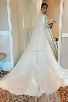 2021 Kuklus White Satin Vestuvių Suknelės su ilgomis Rankovėmis Linijos Samtelis Iškirpte Musulmonų Vestuvinės Suknelės Teismas Traukinio vestido de noiva