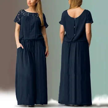 Trumpas rankovės nėrinių iškirpti prarasti ilgą šifono suknelę moterų vasaros Bohemijos negabaritinių mažas juosmens nėrinių mygtuką suknelė