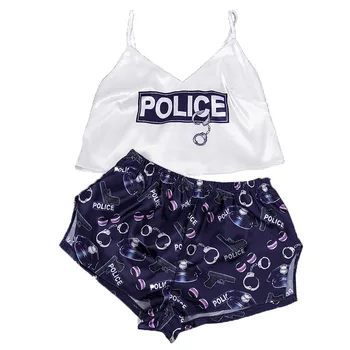 Seksualus Šilko Pižamos Moterų V-Kaklo, Rankovių Viršuje Policijos Handcuffsr spausdinti Pijamas Rankovių Satino Pijama Mujer Pižamą Homewear