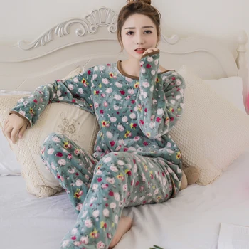 Didmeninė WAVMIT Moterų Šiltas Flanelė Pajama Nustatyti Tirštėti Spausdinti Pyjama Nustatyti ilgomis Rankovėmis Sleepwear Kostiumas moterims, namų drabužius mergina