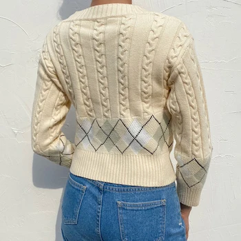 Y2K Argyle Apkarpytos Cardigan E-merginos Rudenį V-kaklo, ilgomis rankovėmis Megzti Megztinis Kailis Vintage Stiliaus Trumpas Atsitiktinis Megztinis 2020 m.