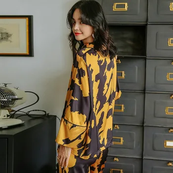 Prancūzijos derliaus geltona pižama moterims, aukštos kokybės šilko namų drabužiai tiktų nustatyti moterų rudenį ilgomis rankovėmis sleepwear naktiniai drabužiai