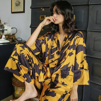 Prancūzijos derliaus geltona pižama moterims, aukštos kokybės šilko namų drabužiai tiktų nustatyti moterų rudenį ilgomis rankovėmis sleepwear naktiniai drabužiai