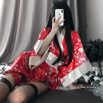 Japonų Kimono Seksualus Cosplay Apranga Moterims Tradicinio Stiliaus Skraiste Yukata Kostiumai Pižama Minkštas Šilko Diržo 3pcs Nustatyti Juoda Raudona