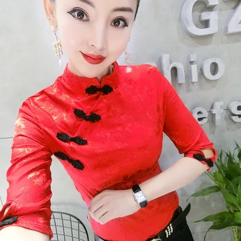 Derliaus Kinijos Moterims Cheongsam Marškinėliai Lady Pusė Rankovės Cheongsam Viršūnes Palaidinės Vasaros Lady Elegantiškas Kinijos Marškinėliai Topai