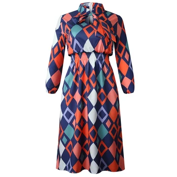 Afrikos Mados Moterų Office Suknelė Vintage Geometrinis Spausdinti Nėriniai-Up Lankas Apykaklės Linijos, Retro Ponios Darbo Dėvėti Plius Dydis Suknelės