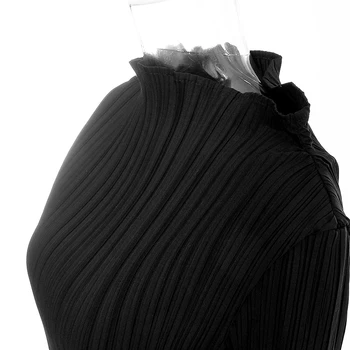 [EAM] Moterys Juodas Klostuotas Dygsnio Didelis Dydis, T-shirt Naujas Apvalios Kaklo Ilgai Blyksnius Rankovės Mados Banga Pavasario Rudens 2021 1DD0022
