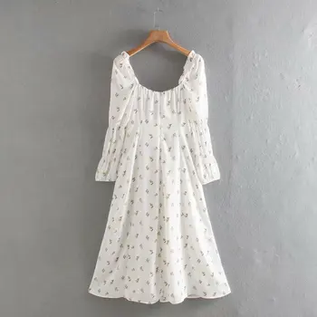 Seksuali suknelė moterims ilgomis rankovėmis suknelės gėlių midi suknelė korėjos stiliaus kvadratinių kaklo šifono suknelės nėrinių suknelė šalis balta vasaros