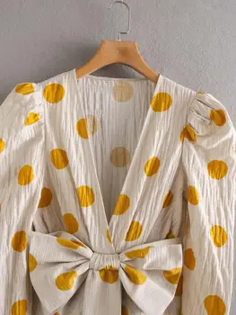 Moterų derliaus lankas apdailos polka dot spausdinti atsitiktinis slim kimono palaidinė marškinėliai moterims chic 