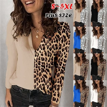 SONDR Moterų Atsitiktinis ilgomis Rankovėmis T-shirt Leopard V-kaklo marškinėliai Viršuje Tees Femme Ponios Marškinėlius Drabužius, Plius Dydis S-5XL