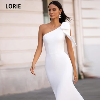 LORIE Satino Undinė Vestuvių Suknelės, Seksualus Vieną Petį Rankovių Nuotakos Suknelė Balta/Dramblio kaulo Paplūdimys Vestuvės Suknelė su Laivapriekio 2020 m.