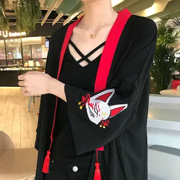 NiceMix Japonų Kimono Moterų Harajuku Marškinėliai Embroided FOX Palaidinės Prarasti Atsitiktinis Viršūnes Ir Palaidinės Blusa Mujer Roupas Feminina