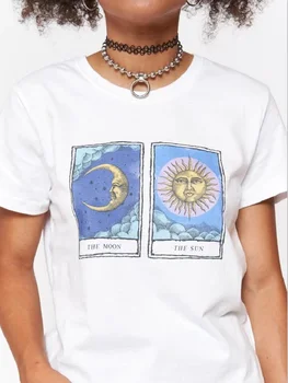 Nauja siunta saulė, mėnulis Atspausdinta marškinėliai Moterims Mados Derliaus Moterų Marškinėliai Vasaros trumpomis Rankovėmis Atsitiktinis Marškinėlius Viršūnes Tee
