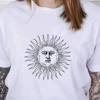 Nauja siunta saulė, mėnulis Atspausdinta marškinėliai Moterims Mados Derliaus Moterų Marškinėliai Vasaros trumpomis Rankovėmis Atsitiktinis Marškinėlius Viršūnes Tee